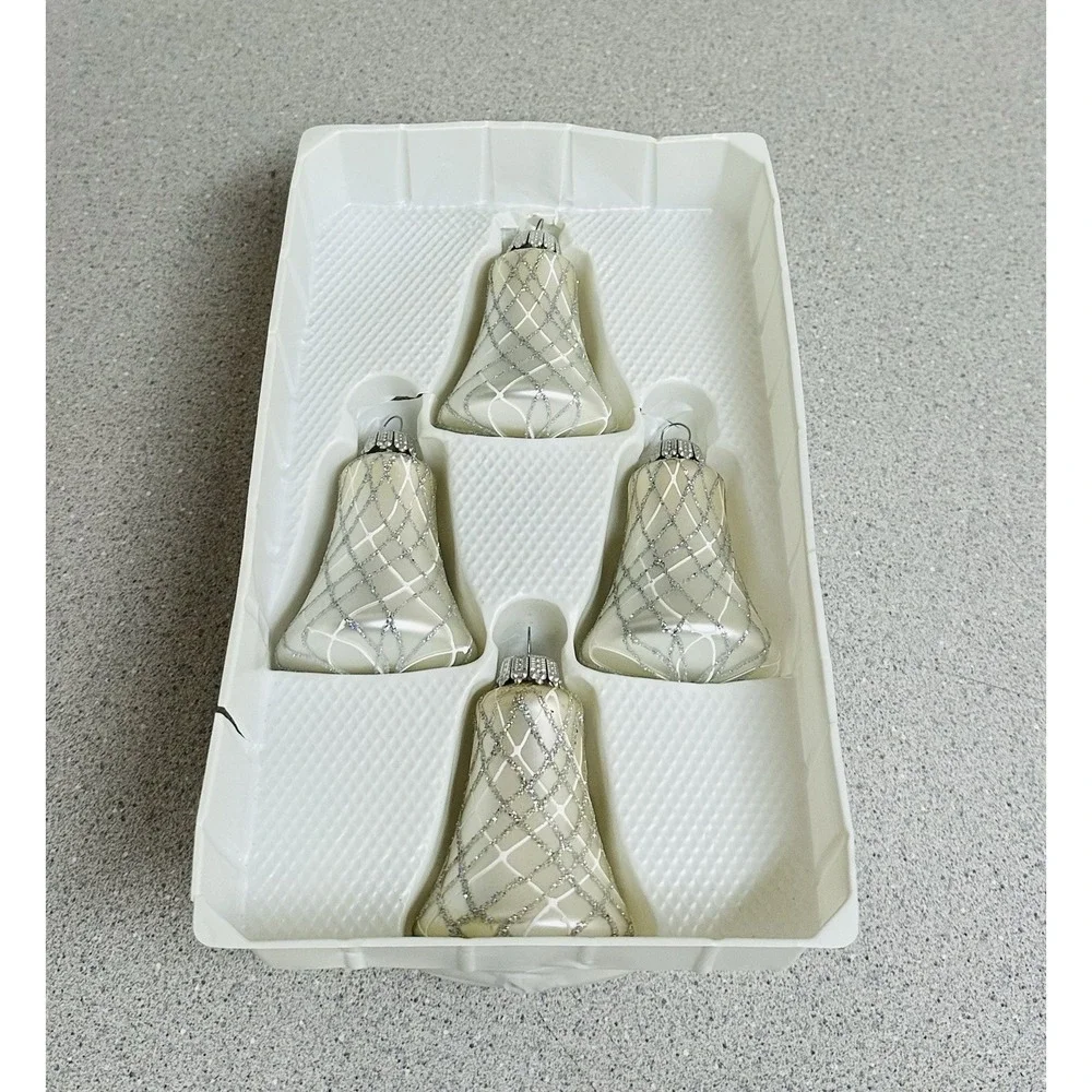 Celebrate It Christmas Noel Silver Metallic Bells Glass Ornaments Set 4 USA Made